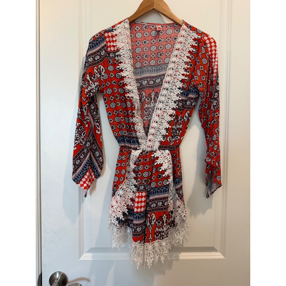 Mec Cei Women Red Boho Geometric Lace Trim Long Sleeve Romper V-Neck